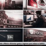 Vista del centro financiero de la Ciudad de México con gráficos económicos superpuestos sobre déficit fiscal tras recomendación de la OCDE.