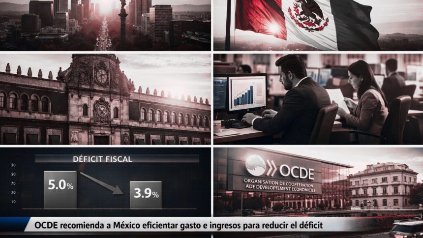 Vista del centro financiero de la Ciudad de México con gráficos económicos superpuestos sobre déficit fiscal tras recomendación de la OCDE.