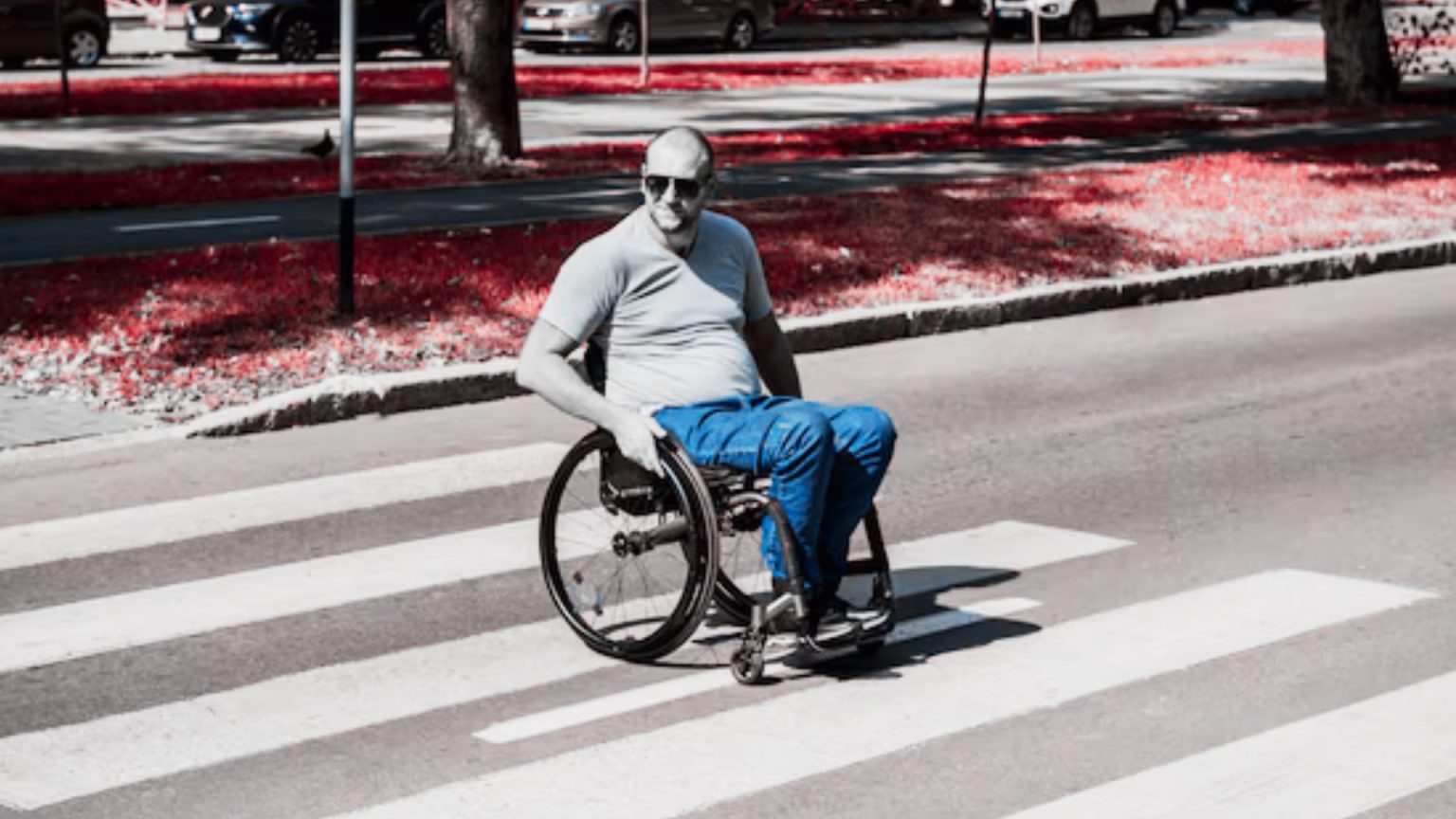 Hombre en silla de ruedas cruza una calle usando una rampa de banqueta en una zona urbana.